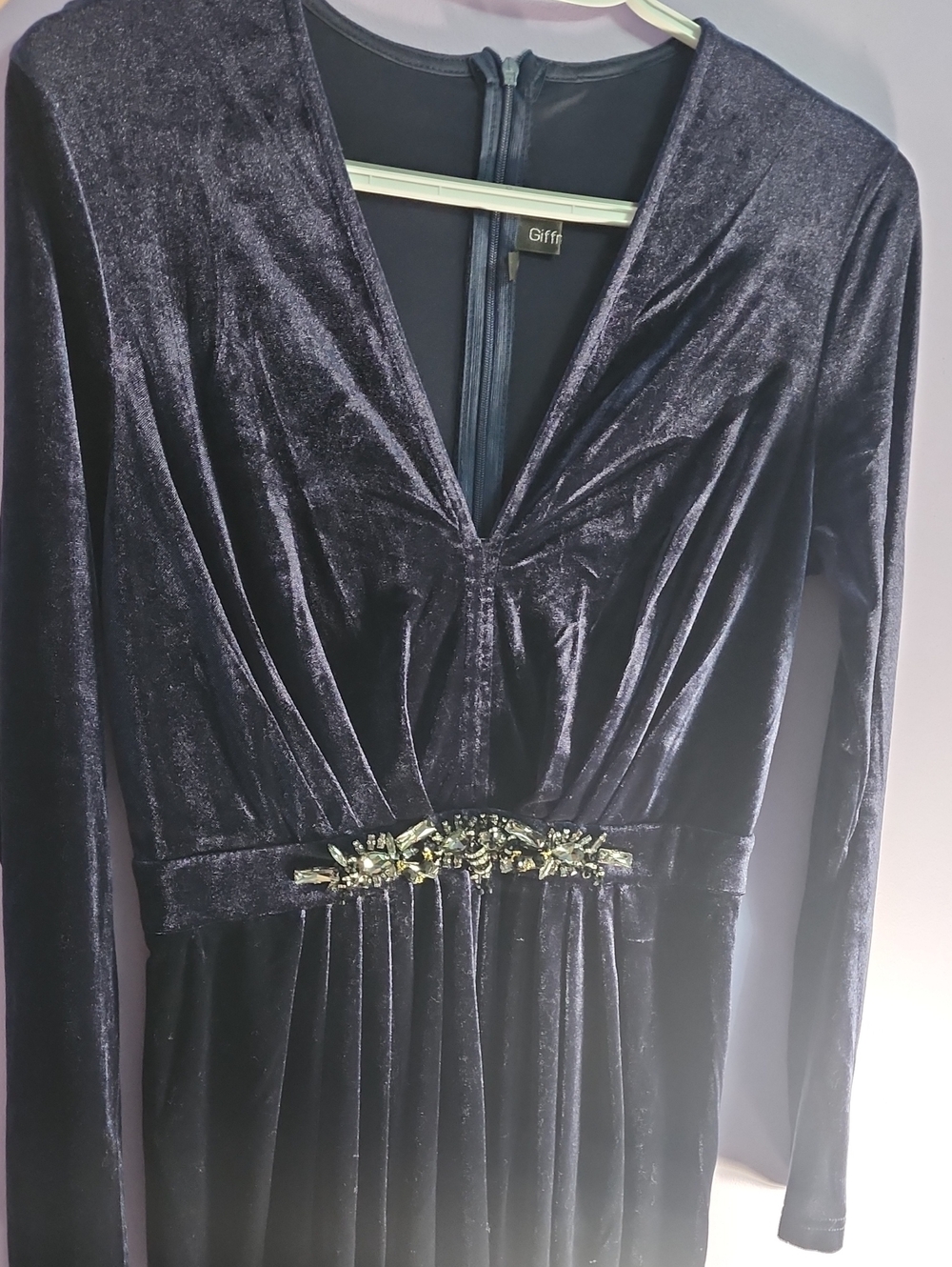 Blue Velvet Long-Sleeve V-Neck Dress with Embellished Waist